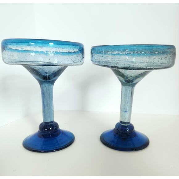 Set 4 Handblown Blue Glass Margarita Goblets Mexico Bubble Rim Vintage Barware - Picture 9 of 12